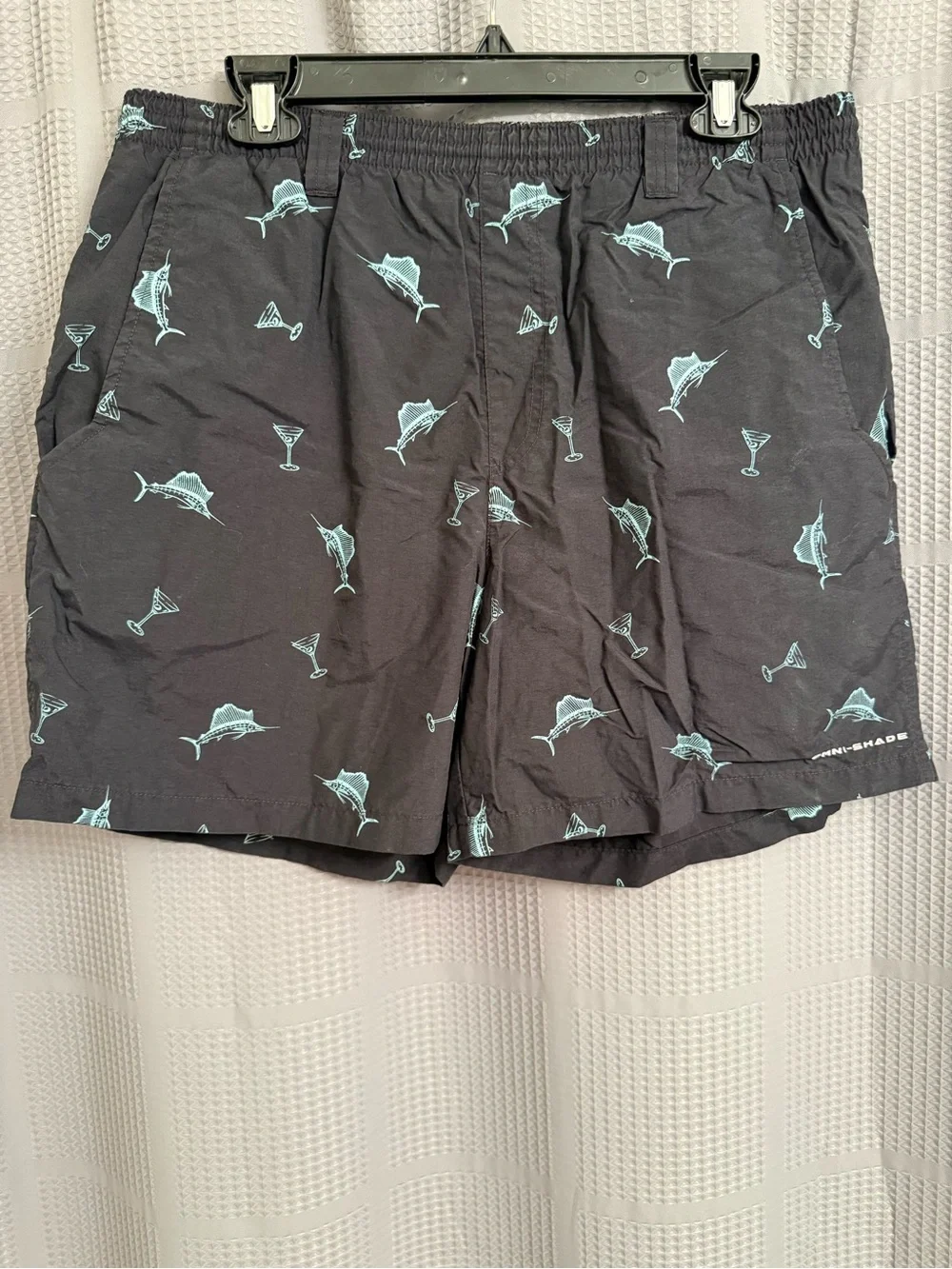 Columbia PFG Black Swim Trunks with Marlin Fish & Martini Cocktail Print